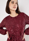 Chevron Sequin Belted Mini Dress, Burgundy, large