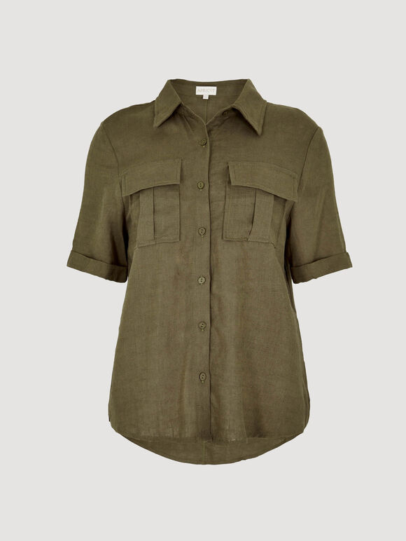 Linen Blend Short Sleeve Shirt, Khaki, large