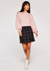 Plaid Ponti Leather Look Panelled Skirt, Pink, large