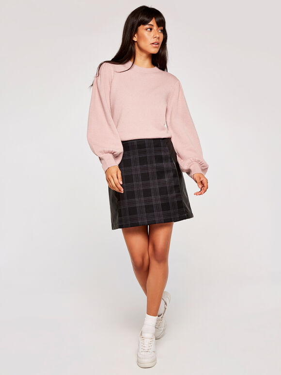 Plaid Ponti Leather Look Panelled Skirt, Pink, large