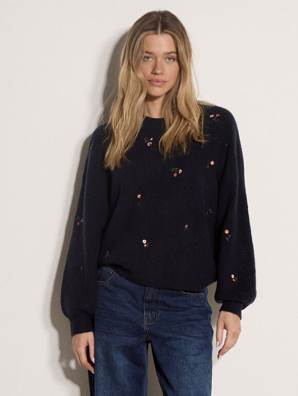 Floral Embroidered Jumper, Navy, large