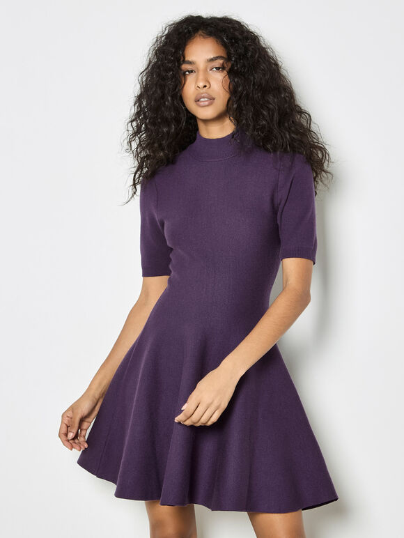 Fit And Flare Ribbed Knit Mini Dress, Purple, large