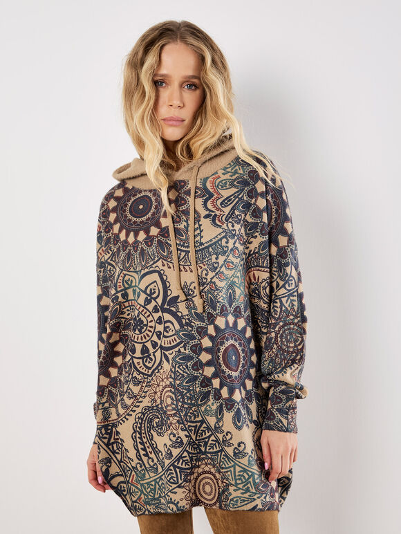 Mandala Hooded Tunic Jumper, Teal, large