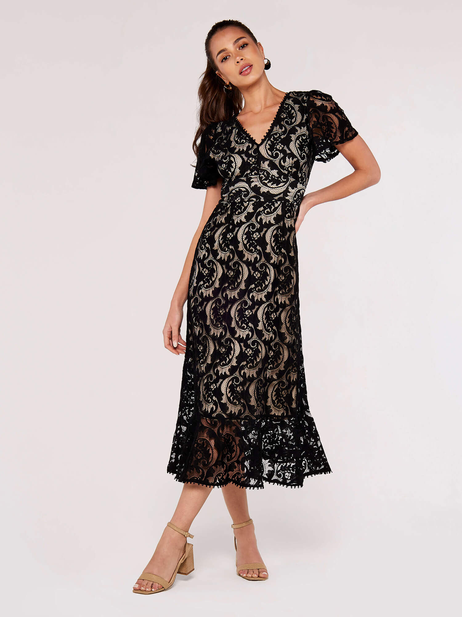 Apricot black lace dress hotsell