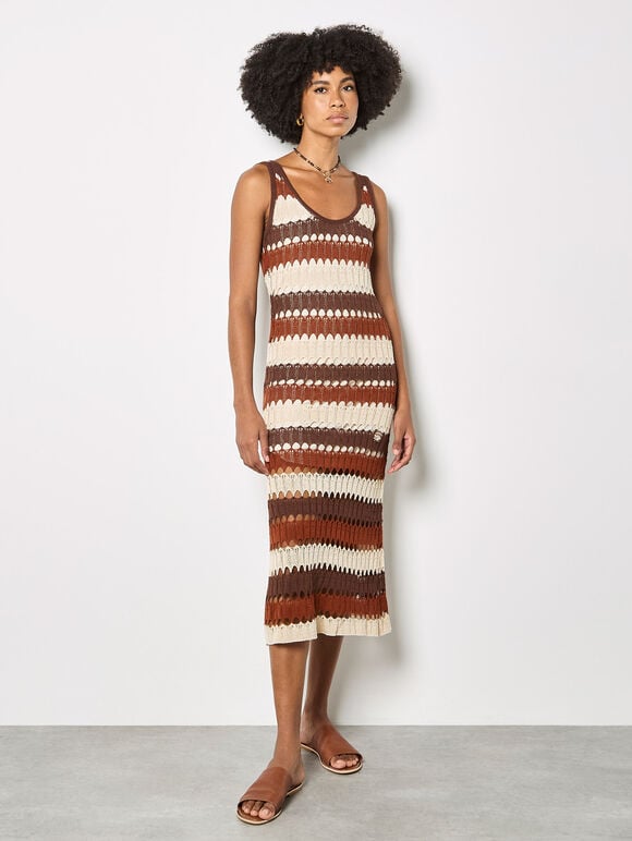 Crochet Stripe Midaxi Dress, Brown, large