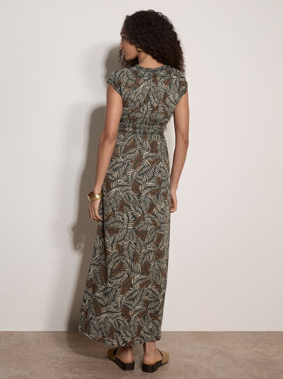 Rustic Leaf Print Smocked Maxi Dress