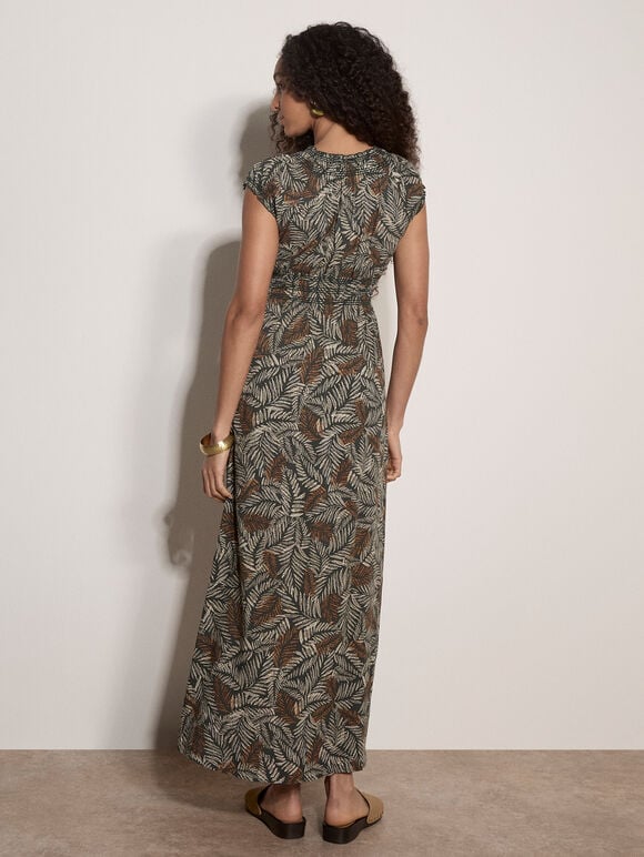 Rustic Leaf Print Smocked Maxi Dress, Green, large
