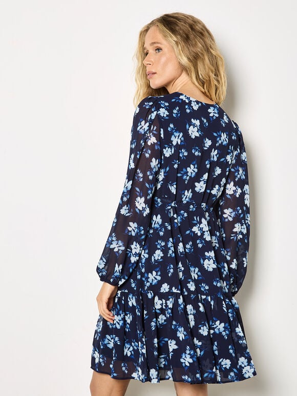Chiffon Floral Print Mini Dress, Navy, large