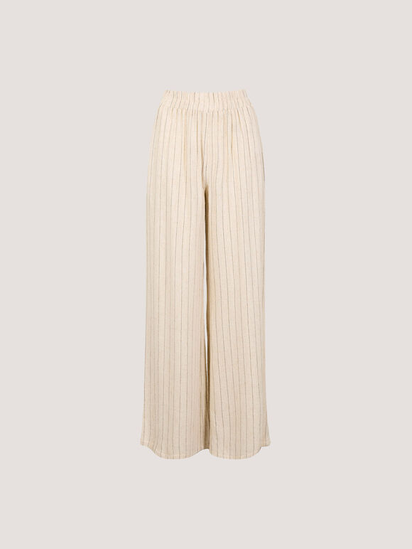 Pinstripe Linen Blend Wide-Leg Trousers, Stone, large