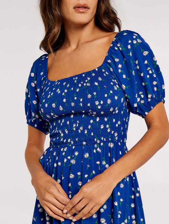 Floral Puff Sleeve Midi Dress, Blue, large