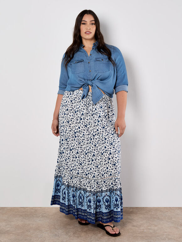 Sarasa Floral Tiered Maxi Skirt, Cream, large