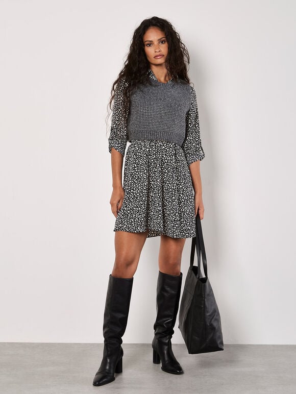 Petal Print Belted Shirt Mini Dress, Stone, large
