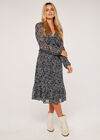 Folk Leaf Ruffle Waist Midi Dress, Navy, large