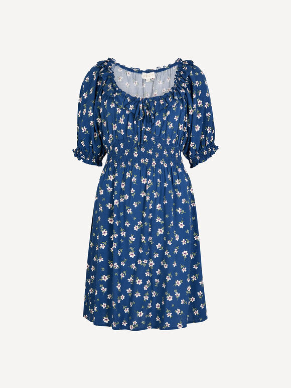 Floral Ruffle Milkmaid Mini Dress, Blue, large