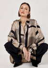 Graphic Squares Oversized Satin Shirt, Brown, large