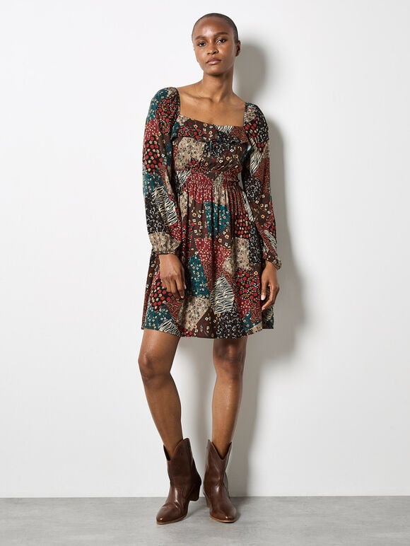 Patchwork Print Boho Mini Dress, Brown, large