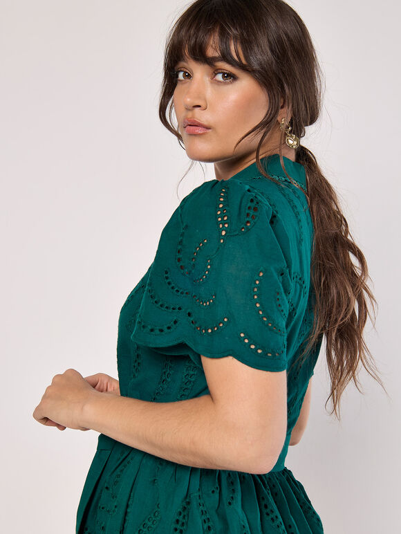 Cotton Broderie Midi Dress, Green, large