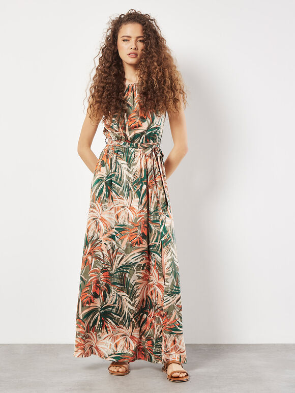 Tropical Leaf Satin Maxi Dress, Khaki, large