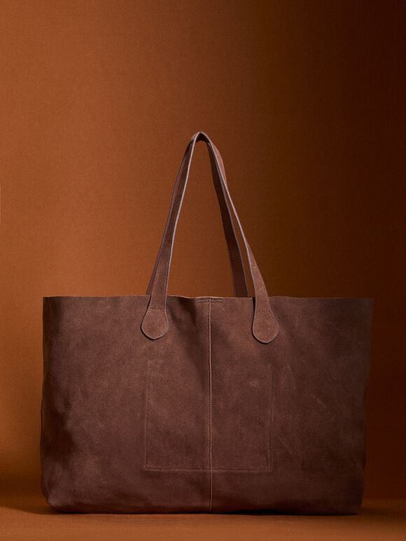 Soft Suede Large Tote Bag, Brown, large