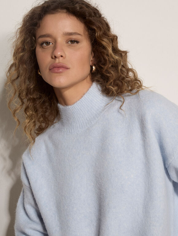 Boucl&eacute; Knit Mock Neck Jumper, Sky Blue, large