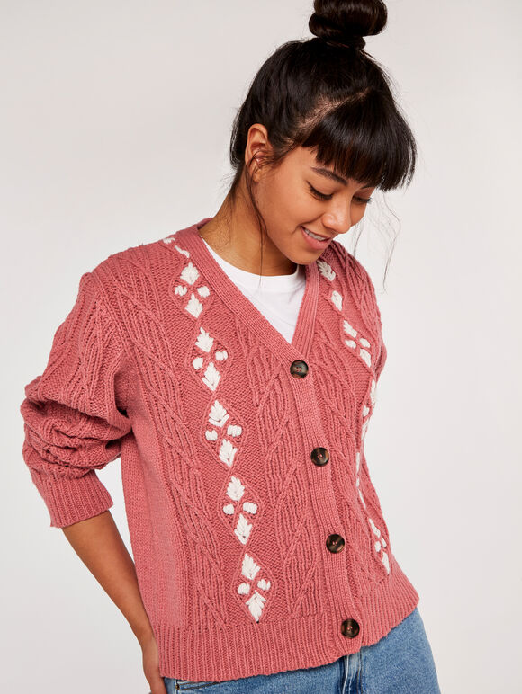 Chunky Contrast Cardigan, Coral, large