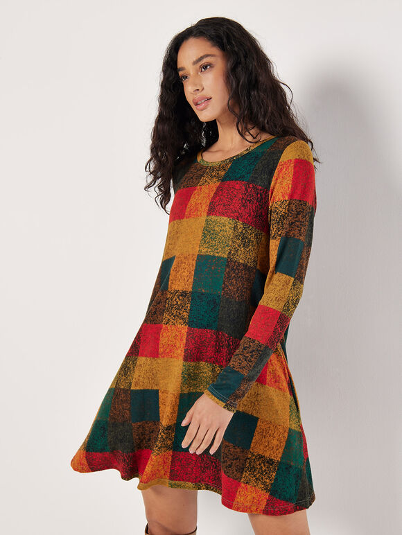 Colourful Patchwork Check Swing Mini Dress, Green, large