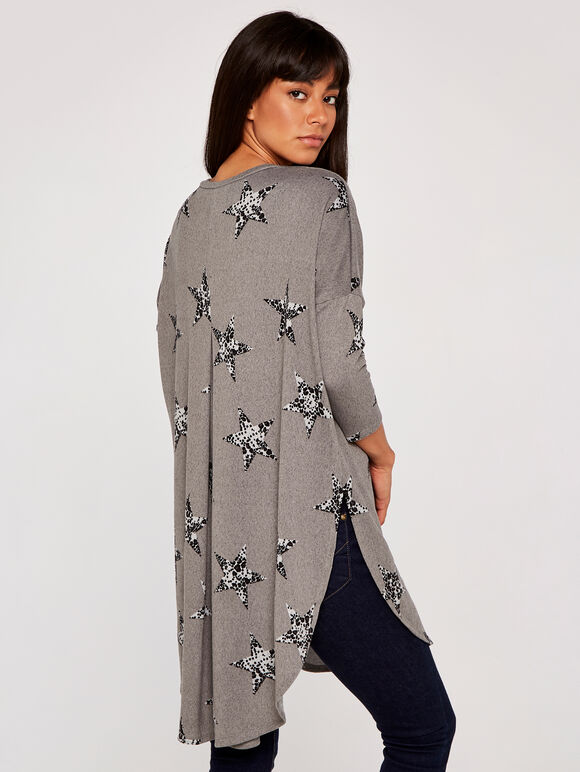 Leopard Star Print Curve Hem Top, Grey, large
