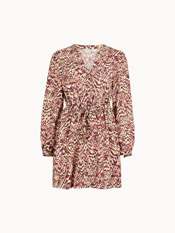 Animal Ikat Print Drawstring Mini Dress, Coral, large