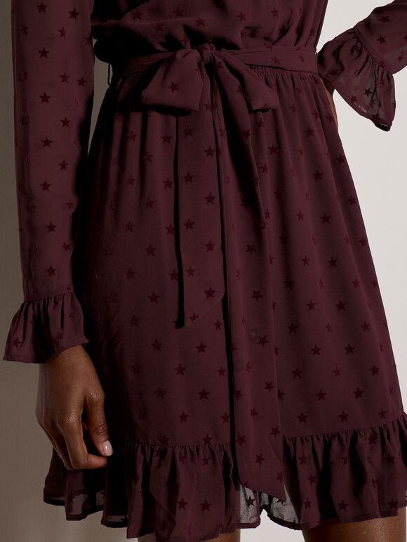 Flocked Star Crepe Mini Dress, Plum, large