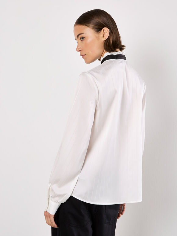 Bow Neck Ruffle Shirt, White, large