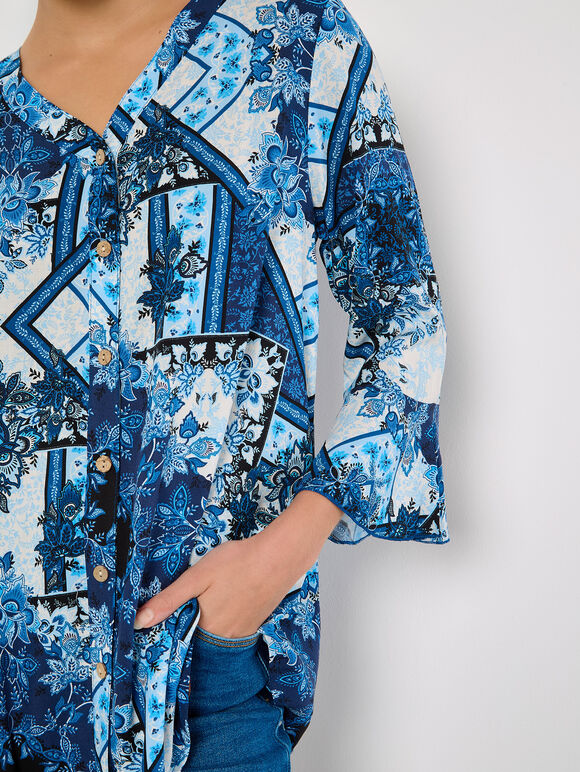 Patchwork Scarf Print Blouse, Blue, large
