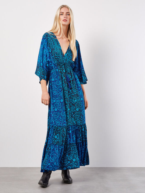 Geblümtes Kimono-Maxikleid aus Satin, Marineblau, Größe L