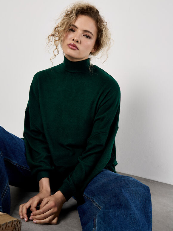 Mock Neck Oversized Soft Knit Top, Green, large