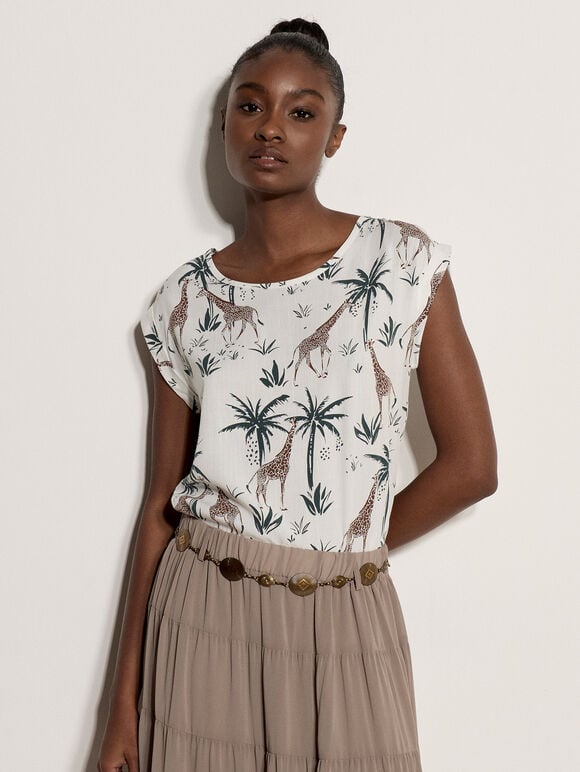 Giraffe Tropical Woven T-Shirt, Green, large