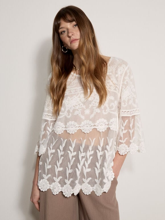 Embroidered Mesh Layered Top, White, large