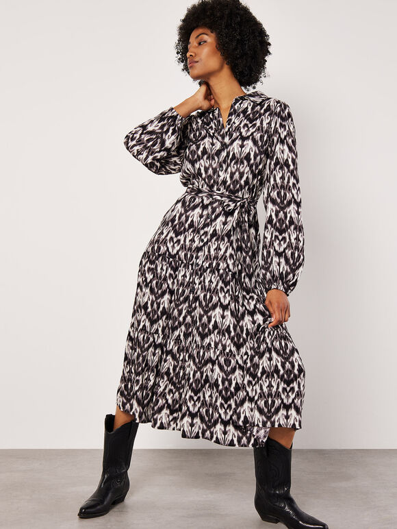 Ikat Tiered Shirt Midi Dress, Dark Grey - Charcoal, large