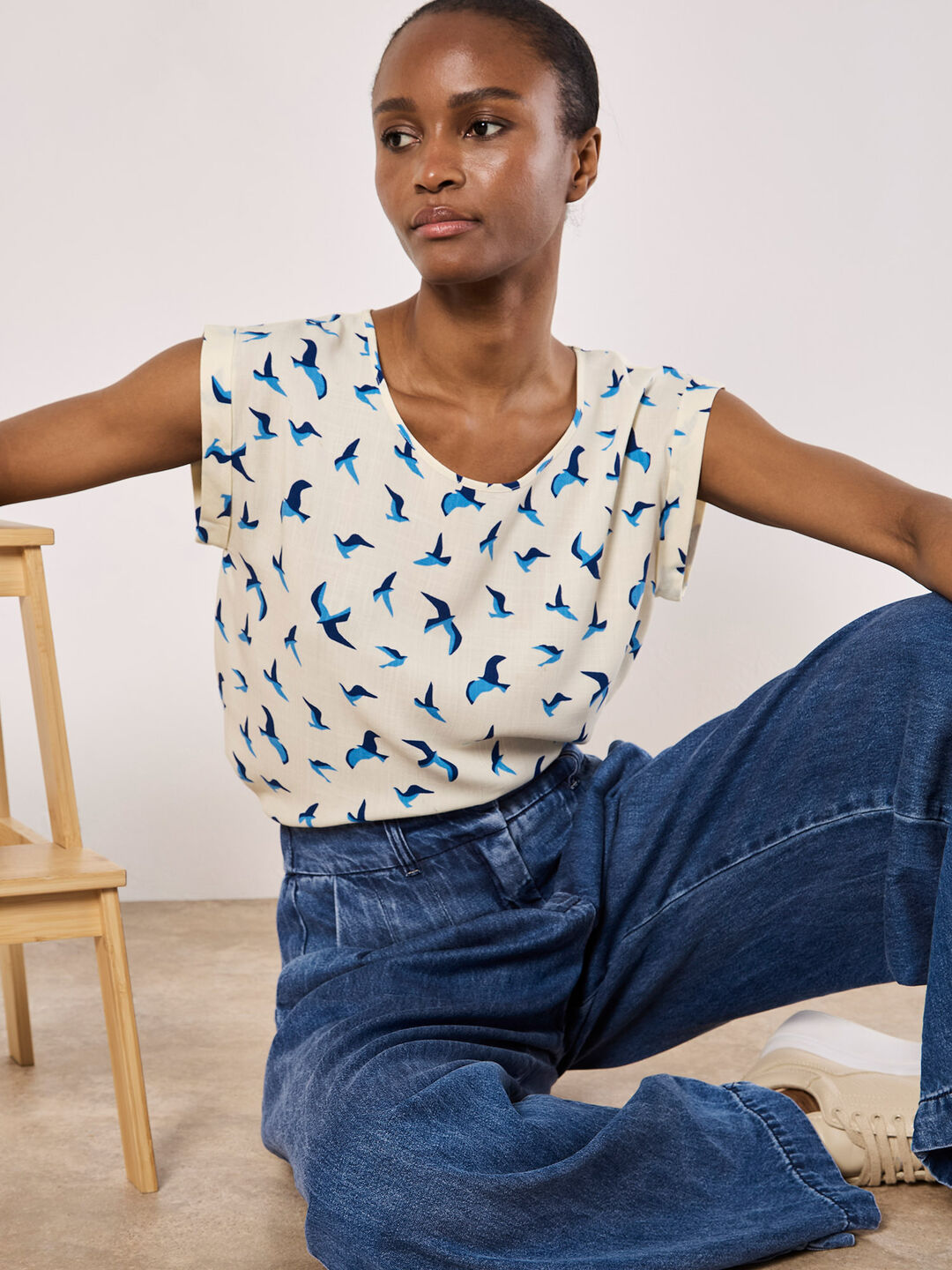 Bird Print Graphic Woven T-Shirt