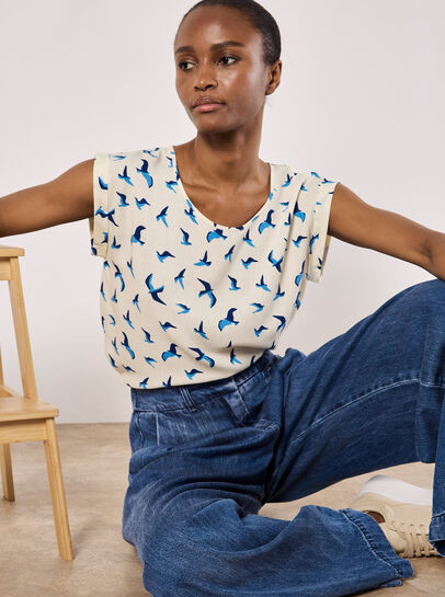 Bird Print Graphic Woven T-Shirt