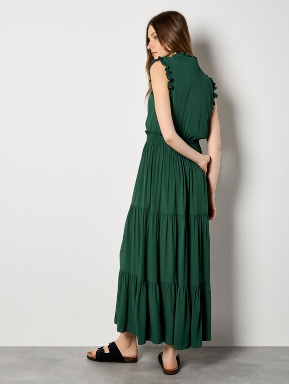 V-Neck Ruffle Tiered Maxi Dress, Green, large