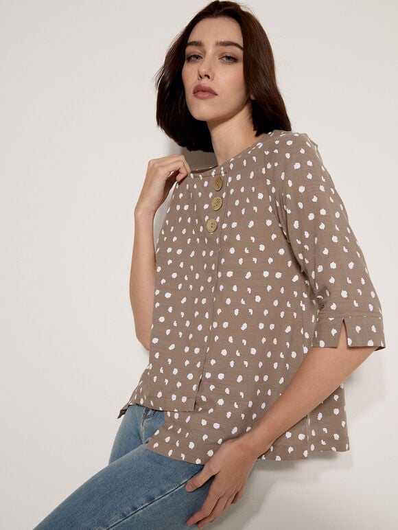 Irregular Spot Asymmetric Wrap Top, Brown, large