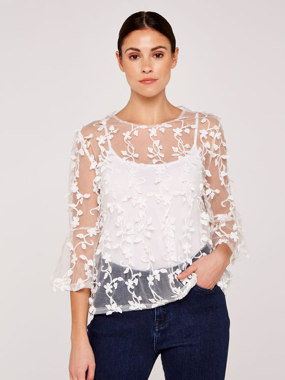 Lace Applique Mesh Top, Cream, large