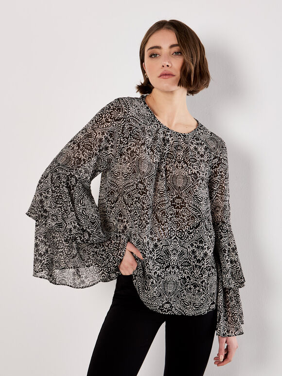 Paisley Print Ruffle Sleeve Blouse, Black, large
