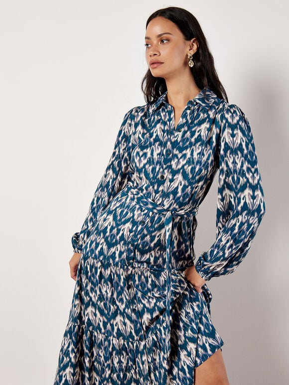 Ikat Tiered Shirt Midi Dress, Teal, large