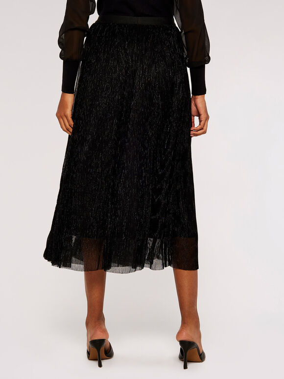 Lurex Pleated Midi Skirt, Black, large