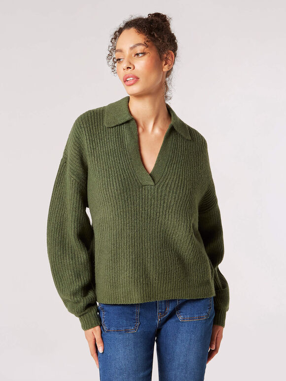 Collared Oversized Ribbed Jumper, Green, large