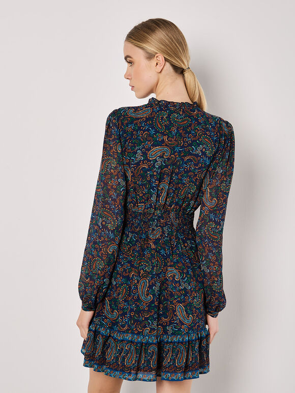 Paisley Ruffle Mini Dress, Navy, large
