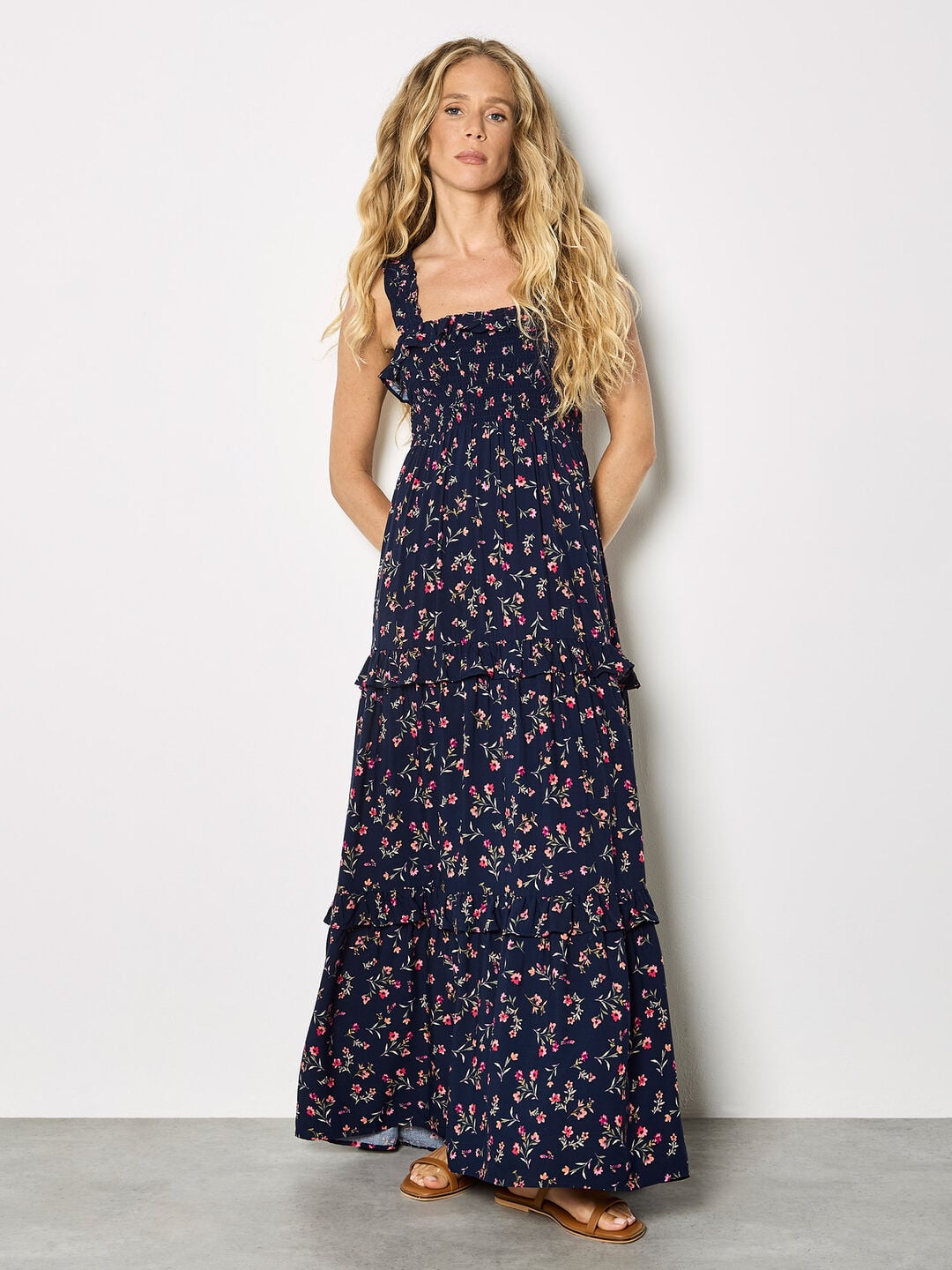 navy maxi dress floral Buy Blue Pleated Mesh V-Neck Occasion from Next USA Smocked waist offers flexible support and easy pull Buy Navy Blue Floral Printed