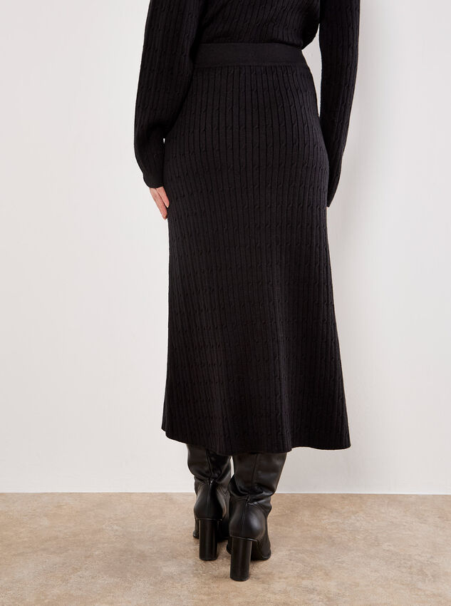Fine Knit Cable Midi Skirt, Black, large