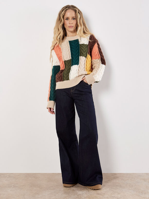 Colour Block Chunky Knit Cable Jumper, Stone, large