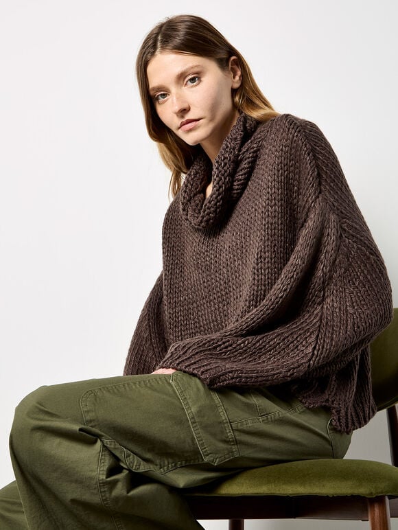 Chunky Knit Roll Neck Oversized Jumper, Brown, large